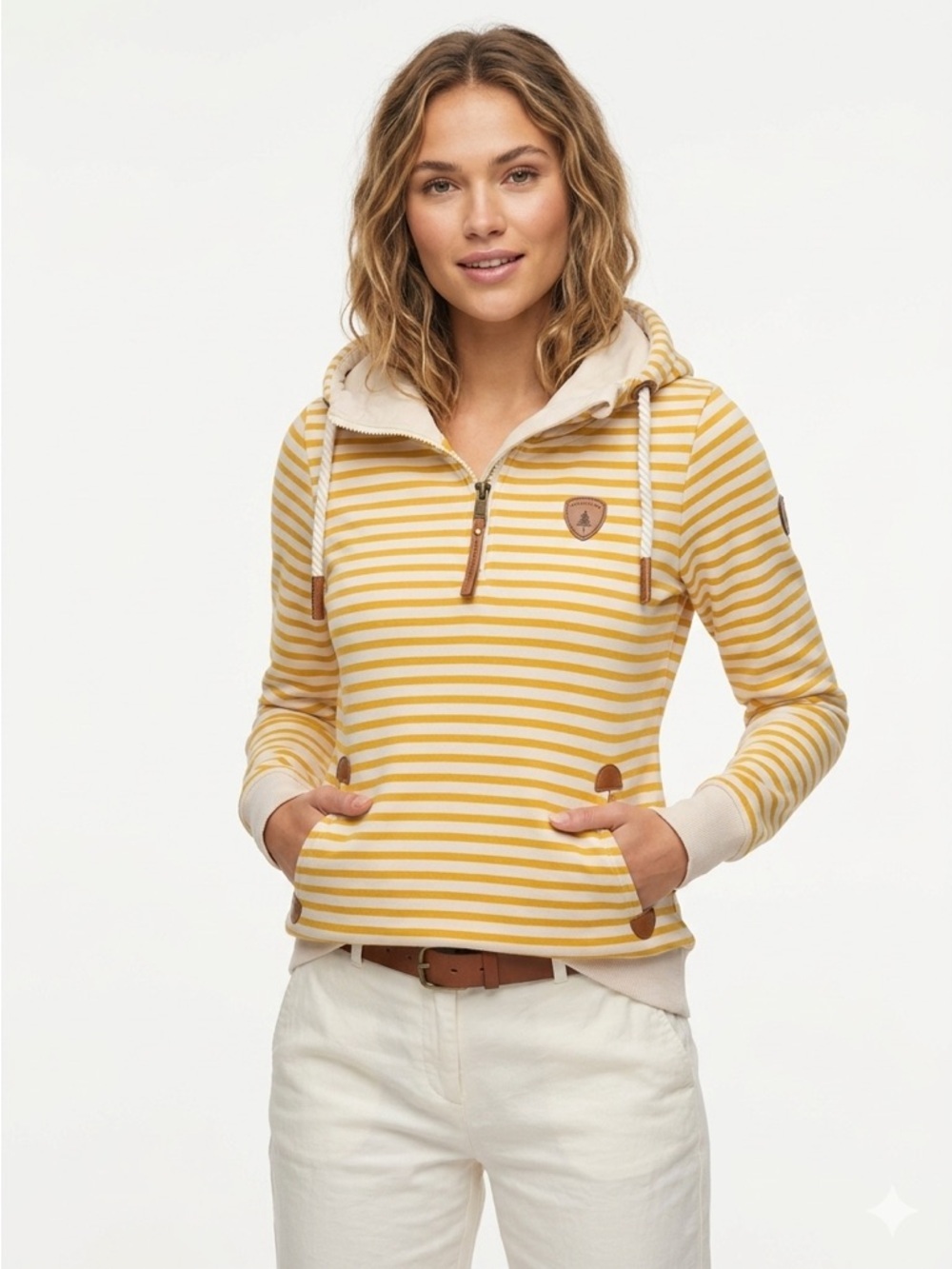 Wanakome Quarter Zip Hoodie Cowl Neck Rope Drawstring Striped Mustard White M